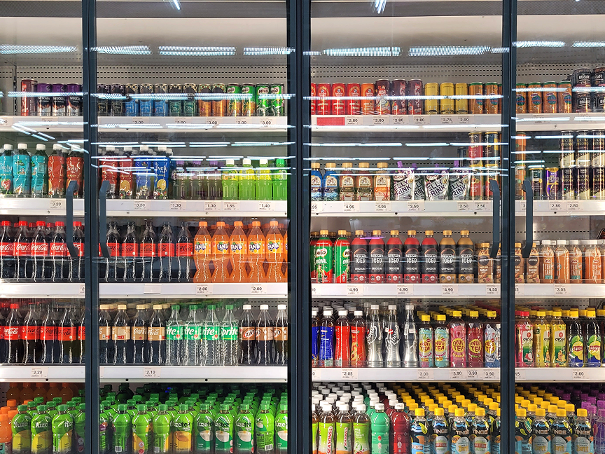 Beverages displayed in grocery store