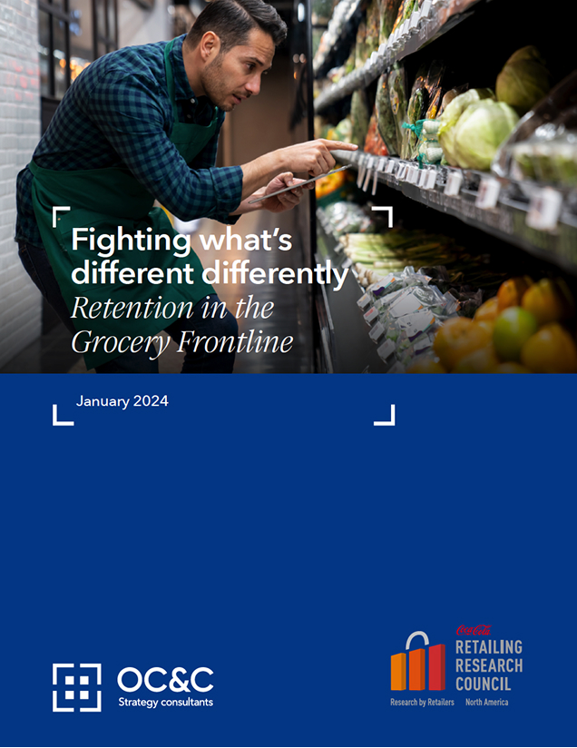 Fighting what's different differently: Retention in the Grocery Frontline, with grocery store worker in produce aisle