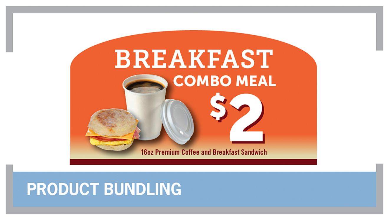 Advertisement reads "Breakfast Combo Meal $2." Below it says "16oz Premium Coffee and Breakfast Sandwich." An image shows a breakfast sandwich with egg, cheese, and meat on an English muffin next to a cup of coffee with a lid. Label below the advertisement reads "Product Bundling."
