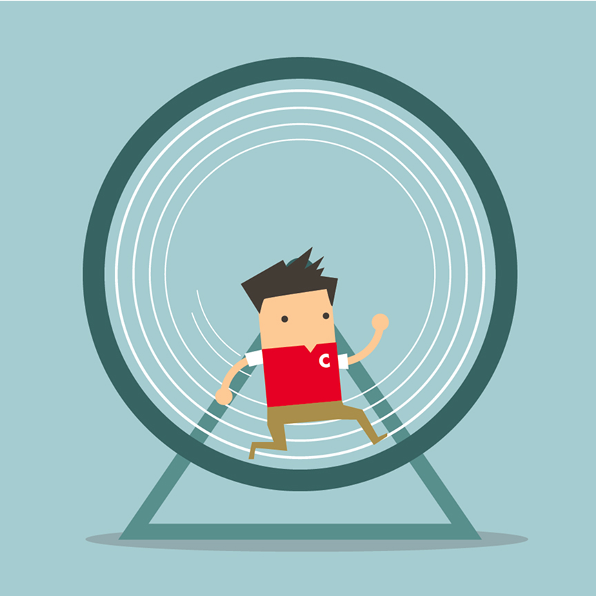 Cartoon of a C-store employee running inside a large hamster wheel