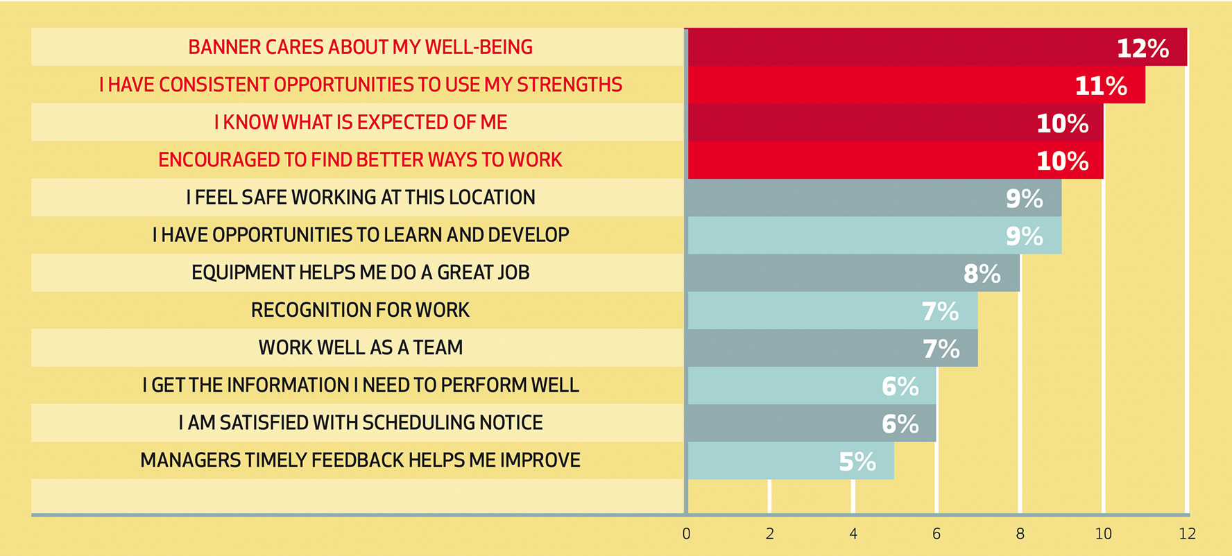 Chart showing percentage values for various workplace factors that influence employee engagement. The top four drivers, highlighted in red as areas where retailers can get the greatest returns, are: “Banner cares about my well-being” at 12%, “I have consistent opportunities to use my strengths” at 11%, “I know what is expected of me” at 10%, and “Encouraged to find better ways to work” at 10%. The remaining drivers and their respective scores are: “I feel safe working at this location” at 9%, “I have opportunities to learn and develop” at 9%, “Equipment helps me do a great job” at 8%, “Recognition for work” at 7%, “Work well as a team” at 7%, “I get the information I need to perform well” at 6%, “I am satisfied with scheduling notice” at 6%, and “Managers timely feedback helps me improve” at 5%.