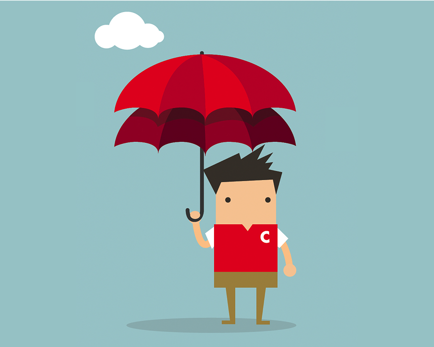 Illustration of a C-store employee holding a red umbrella with a single white cloud in the background against a light blue sky.