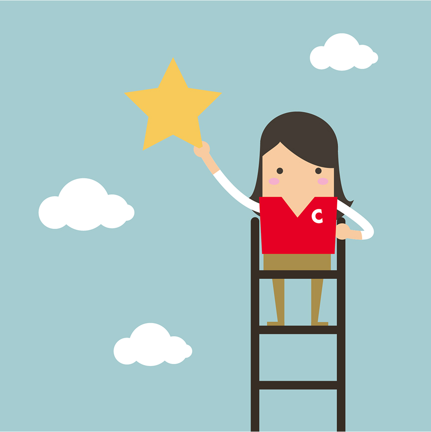 Illustration of a C-store employee standing atop a ladder reaching for a golden star, surrounded by clouds in a light blue sky