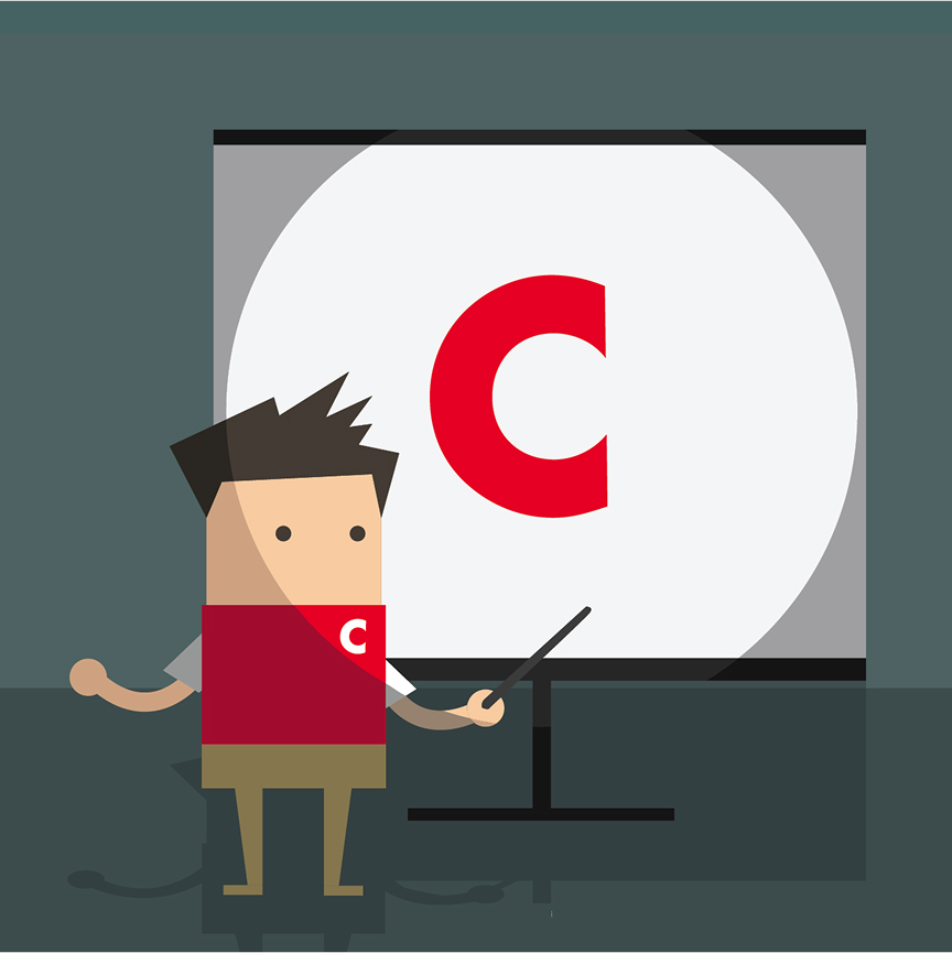 Illustration of a C-store employee giving a presentation with a large pointer in front of a screen displaying a red letter C