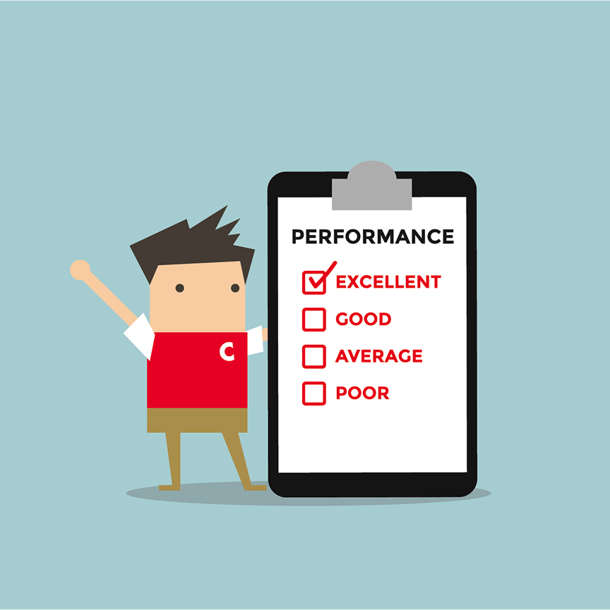 Illustration of a C-store employee standing next to a large clipboard labeled “Performance” with a checklist showing four options: Excellent, Good, Average, Poor. A red checkmark is placed next to “Excellent."